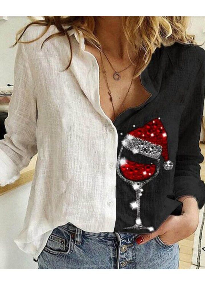 Wish express 2020 Europe and America autumn christmas new print Lapel long sleeve loose shirt