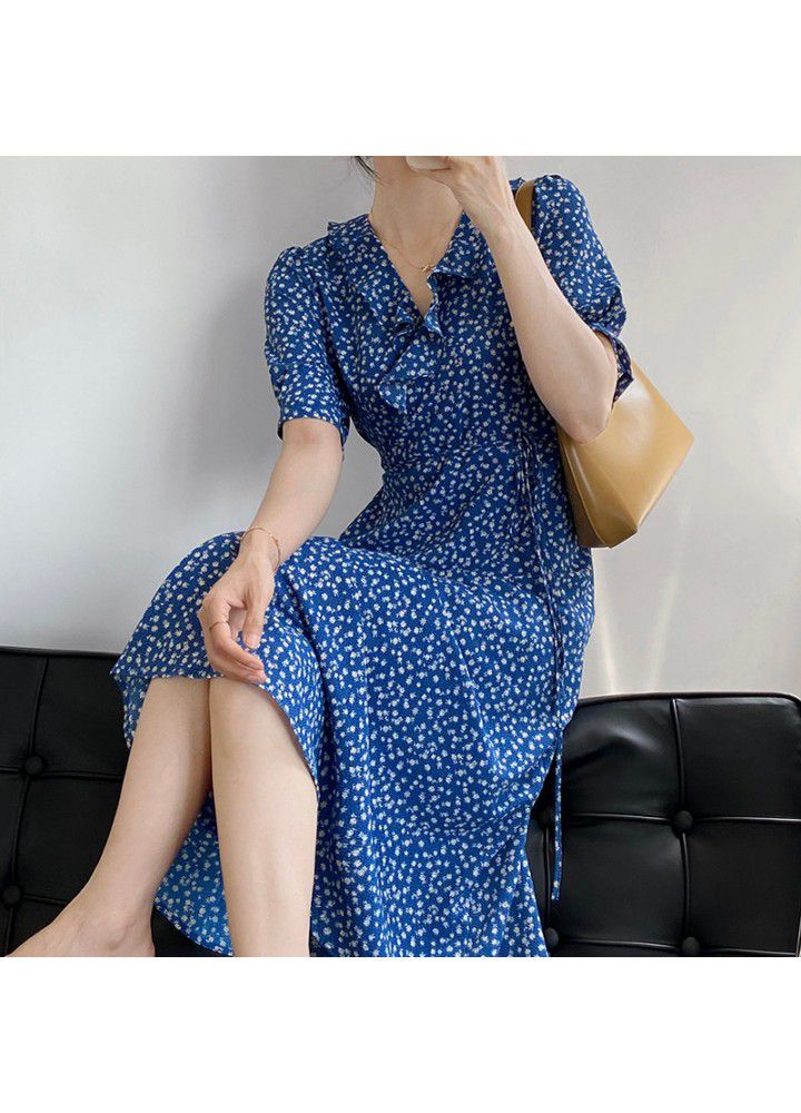 Taochuan small fresh V-neck dress women's 2021 summer new Korean floral Ruffle waist long skirt 1956
