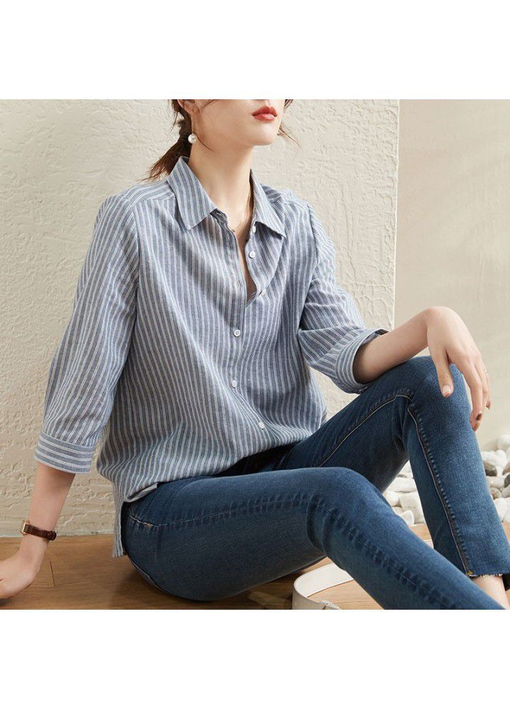 Blue Stripe Shirt female 2021 spring and summer new 7 / 3 sleeve fashion foreign style loose top shirt female design feeling