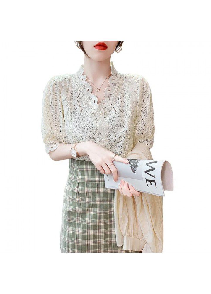 Hong Kong style ice silk breathable V-neck lace shirt 2021 summer new slim cardigan French top