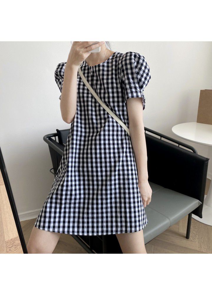 Zhicongxi 2021 summer new Korean retro Plaid round neck bubble sleeve medium length casual dress women's 1799