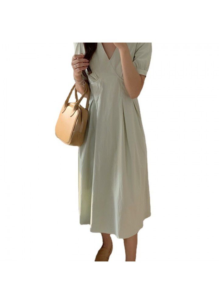 2021 summer new French fashion temperament simple V-neck waist show thin bubble sleeve dress women's tricolor