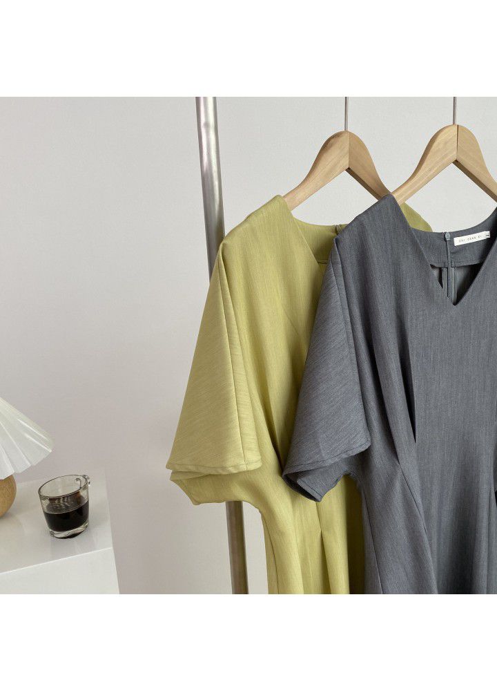 Zhicongxi 2021 summer new Korean French simple V-neck solid color dress women's mid length skirt 1825