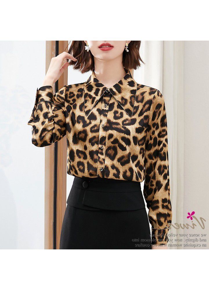 Leopard chiffon shirt long sleeve 2021 spring and autumn new Satin top slim with foreign style belly covering shirt