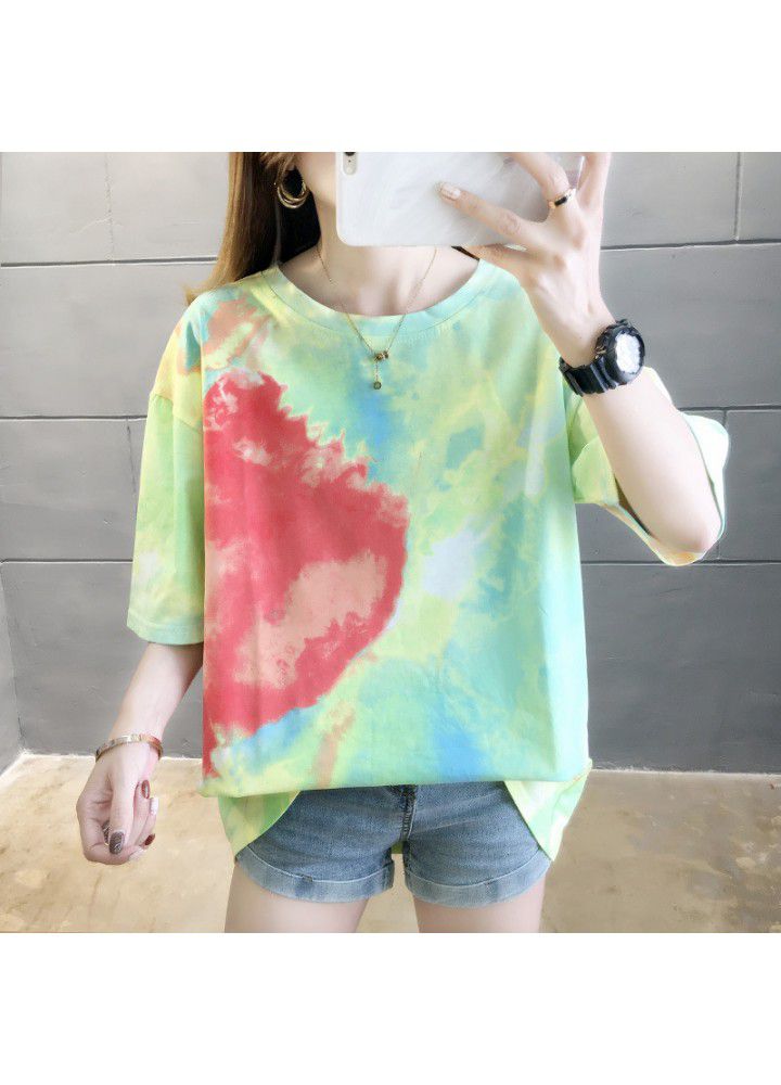 Hong Kong Style ins short sleeve T-shirt women's summer 2021 Korean loose and versatile tie dye net red personality half sleeve clothes fashion