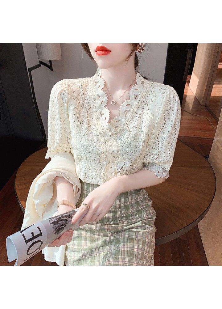 Hong Kong style ice silk breathable V-neck lace shirt 2021 summer new slim cardigan French top