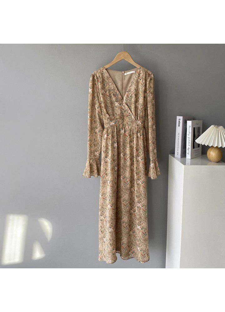 Zhicong evening waist V-neck trumpet sleeve floral dress spring summer 2021 new loose long sleeve dress 3367
