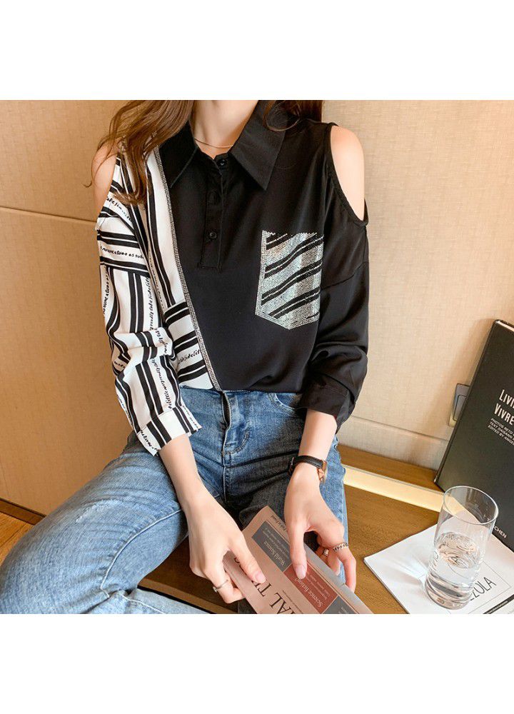 2021 spring new spring and autumn long sleeve design temperament top white shirt off shoulder stitching striped shirt female