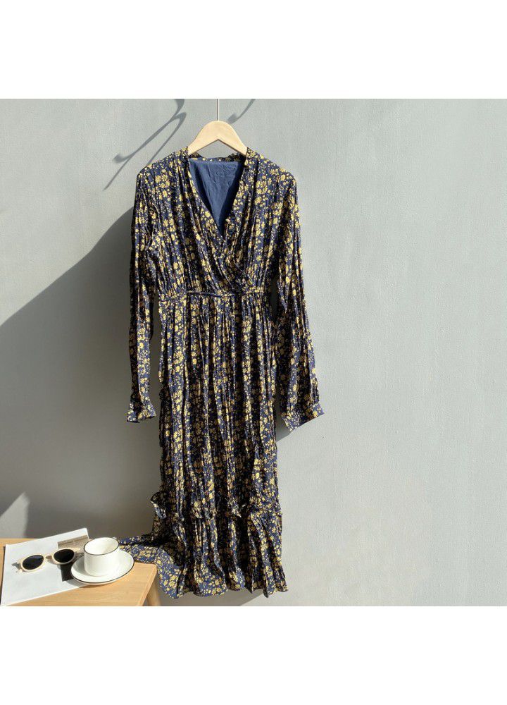 Zhicongxi 2020 winter new retro floral pleated V-neck Dress Medium Length floral skirt female 1733