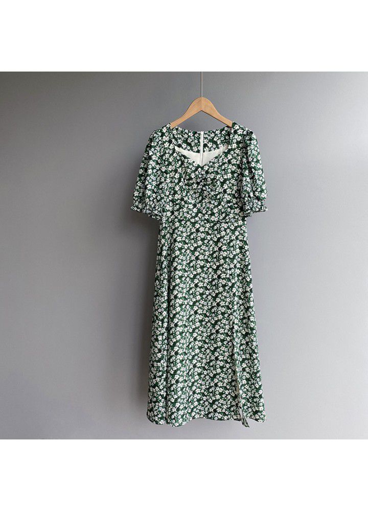 Taochuan French retro square neck waist split soft floral holiday dress women's long 2021 summer 1002
