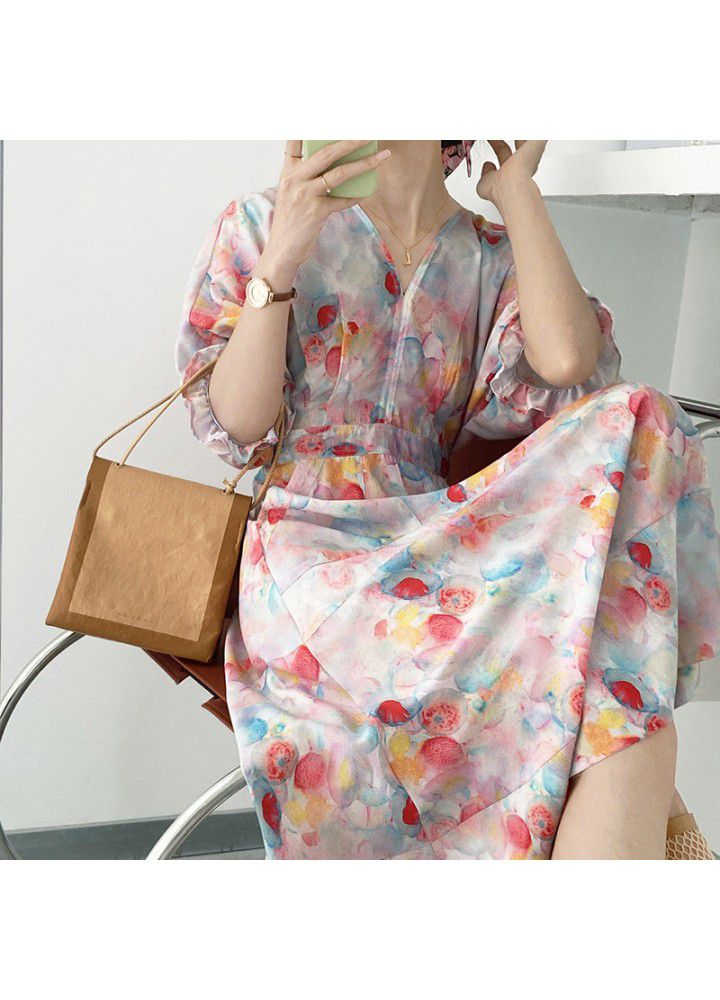 Zhicongxi French oil painting gentle wind dress women's summer 2021 bubble sleeve waist long fairy skirt 5136