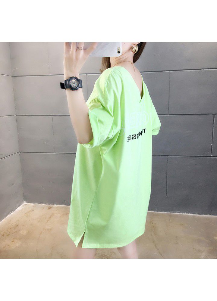 2021 new Korean large medium length V-neck short sleeve T-shirt women's fashion loose net red letter top
