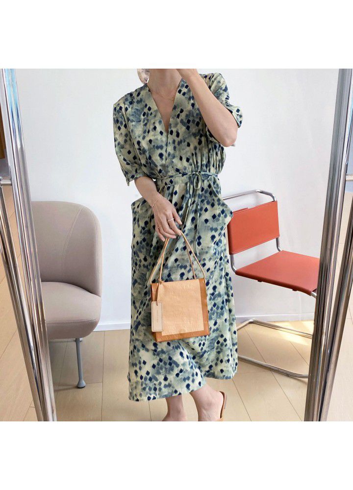 Taochuan waist V-neck short sleeve dress summer 2021 new loose halo dye temperament floral dress 3372