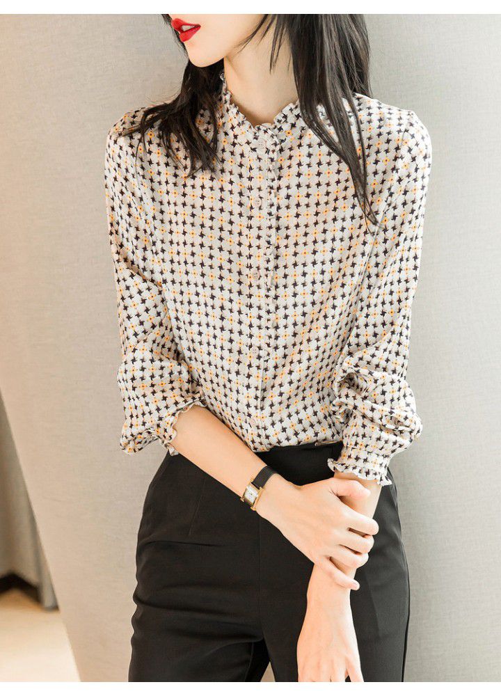2021 spring new floral French top with auricular collar unique shirt women's silk satin temperament shirt