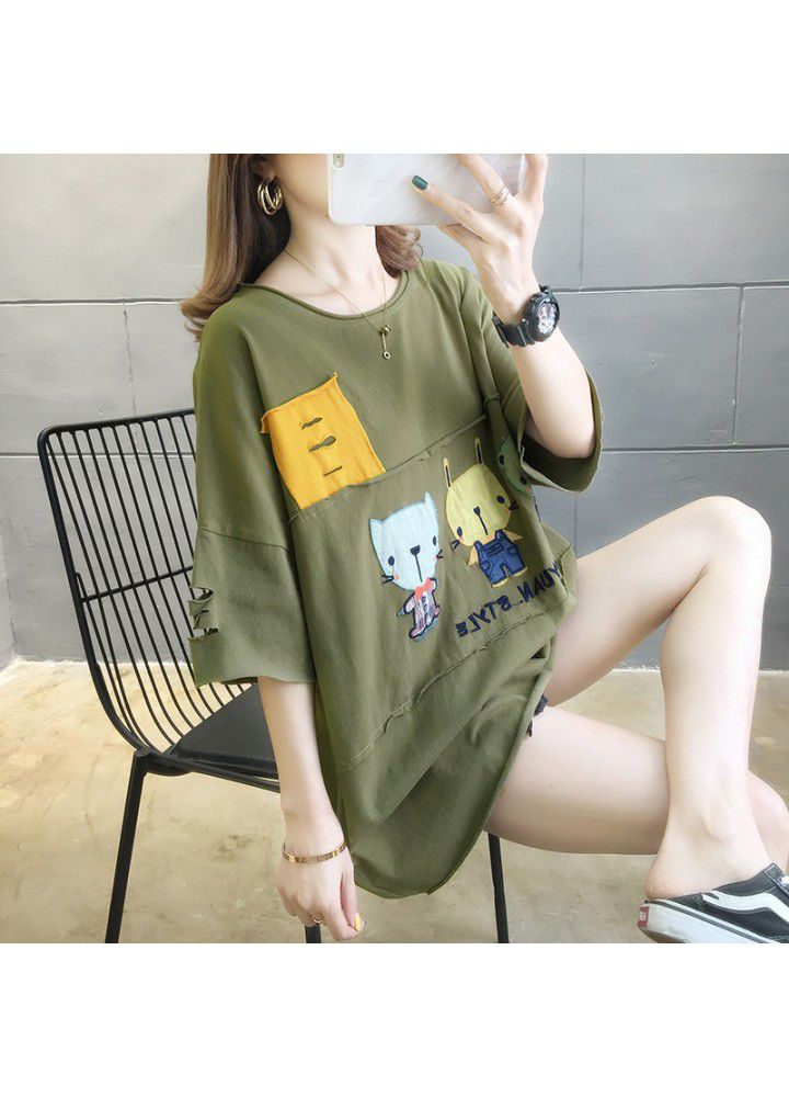 Large size short sleeve T-shirt women's loose 2021 new summer Korean women's dress fat mm foreign style thin cover belly top