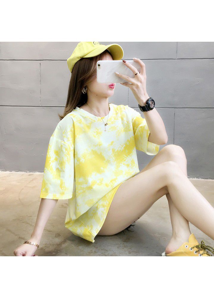 Hong Kong Style ins short sleeve T-shirt women's summer wear 2021 new Korean version students wear loose net red tie dyed clothes fashion