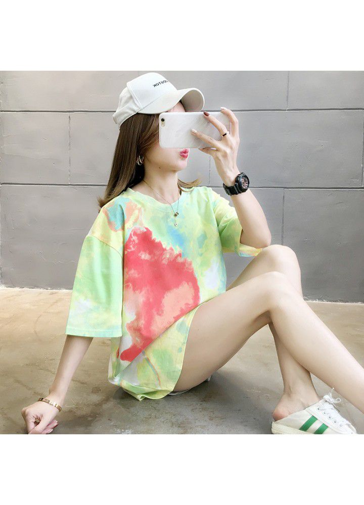 Hong Kong Style ins short sleeve T-shirt women's summer 2021 Korean loose and versatile tie dye net red personality half sleeve clothes fashion