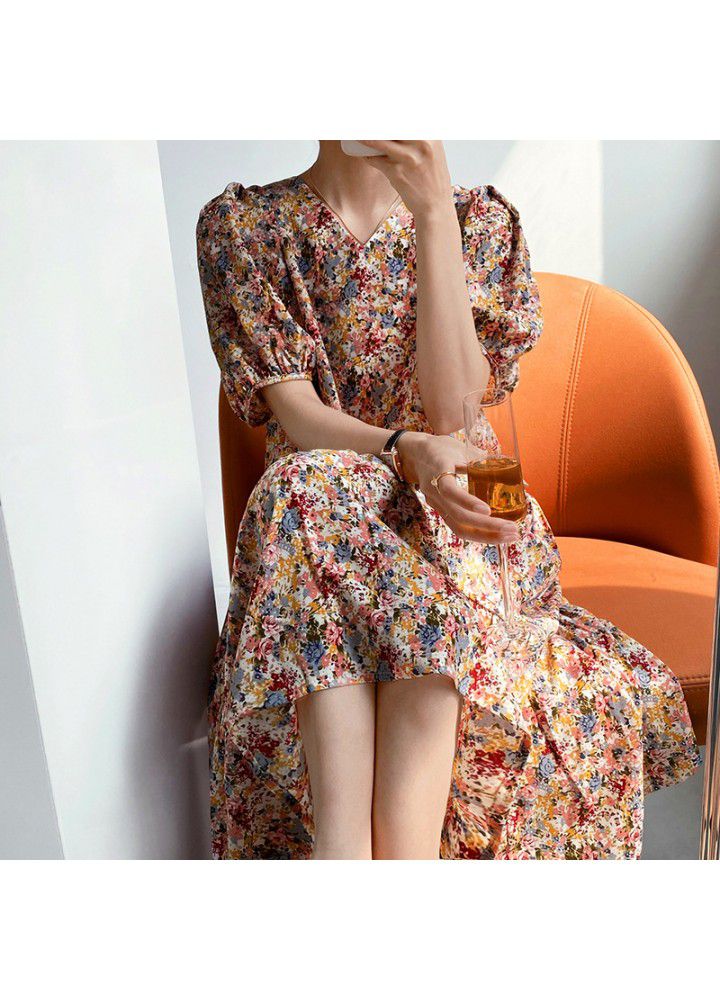 Zhicongxi gentle wind Long Floral dress women's 2021 summer bubble sleeve loose V-neck chiffon skirt 763