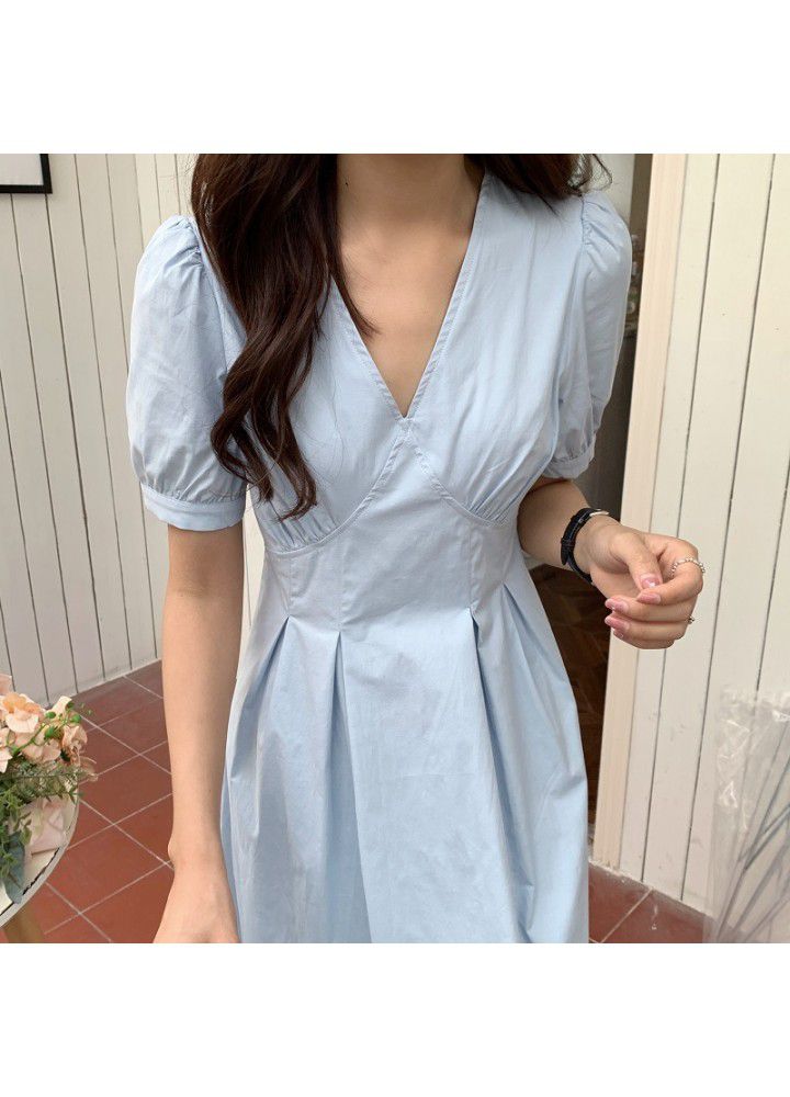 2021 summer new French fashion temperament simple V-neck waist show thin bubble sleeve dress women's tricolor