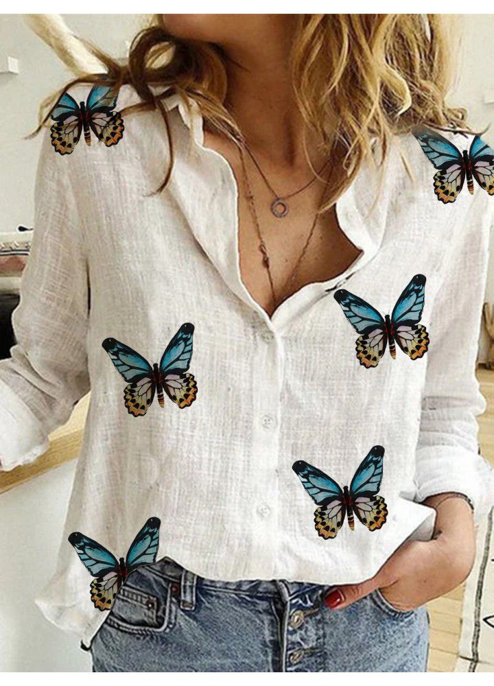 2020 New Amazon wish express new cotton temperament thin blouse irregular butterfly printing