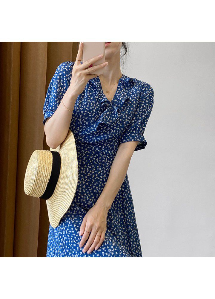 Taochuan small fresh V-neck dress women's 2021 summer new Korean floral Ruffle waist long skirt 1956