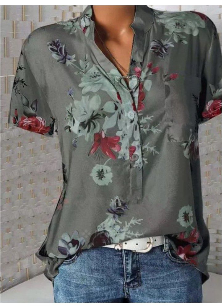 Quick sale wish Amazon eBay large size women's wear in Europe and America loose print V-neck blouse short sleeve blouse