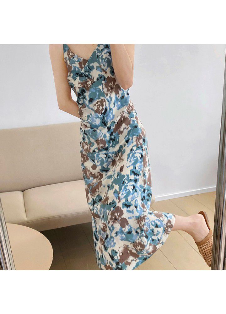 Taochuan Korean pleated and thin print long skirt with suspender for women 2021 summer holiday dress summer skirt 779