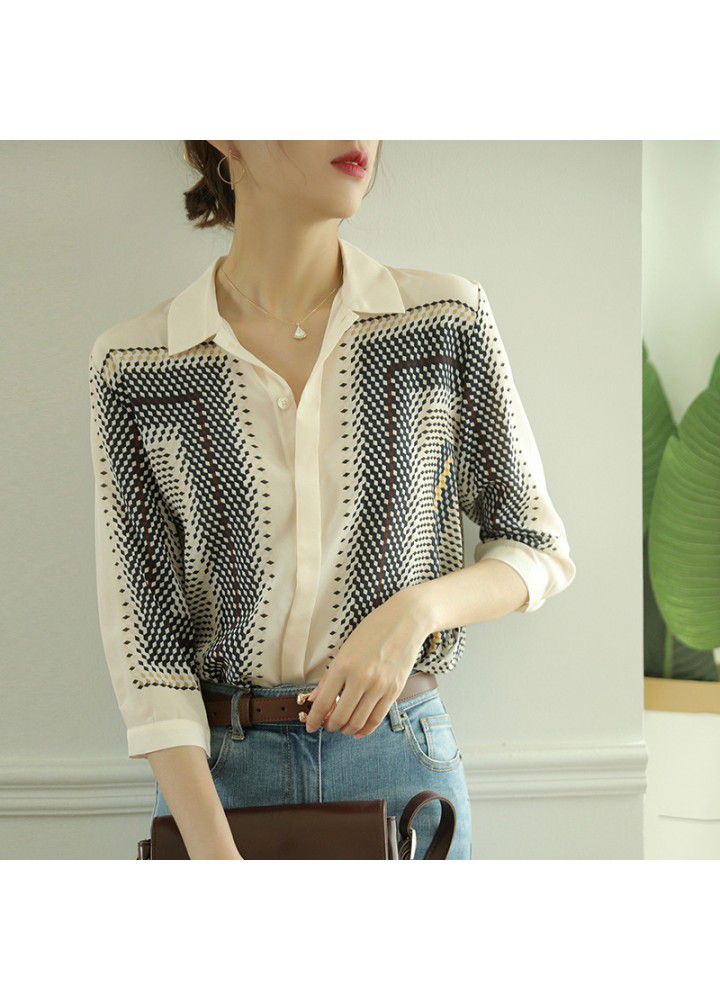 2021 Korean splicing elegant temperament shirt women's summer design Plaid top 3 / 4 sleeve slim shirt