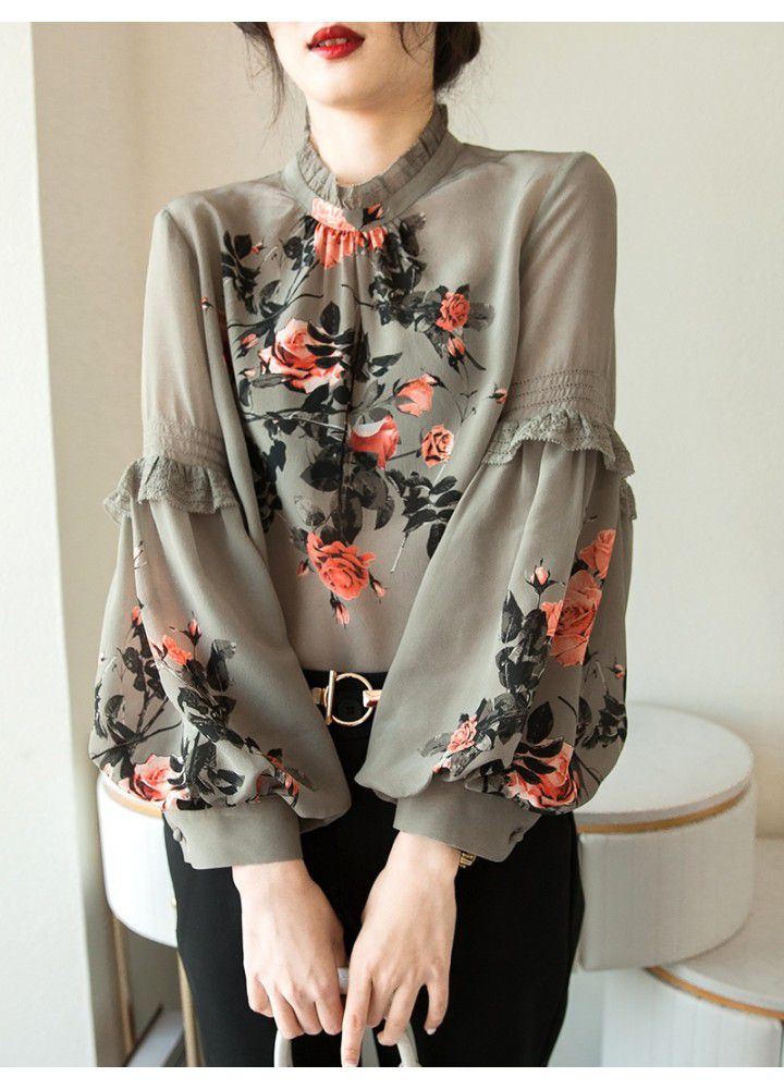 European station 2021 spring new heavyweight stand collar Vintage printed top with slim Lantern Sleeve palace style shirt