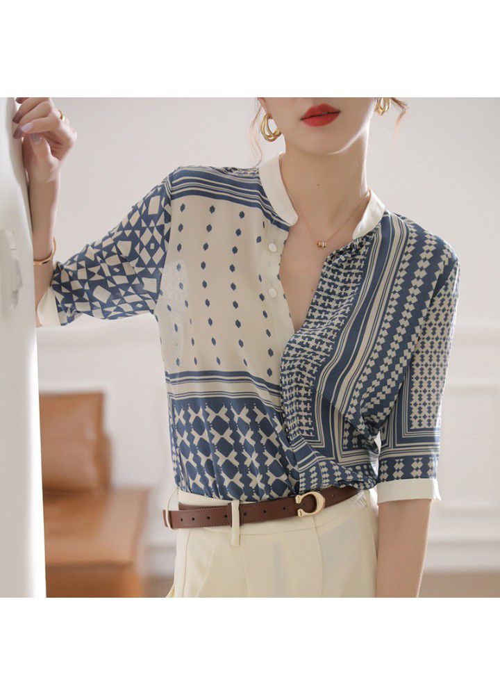 2021 summer new shirt women's middle sleeve stand collar retro Plaid stripe shirt design sense stitching temperament top