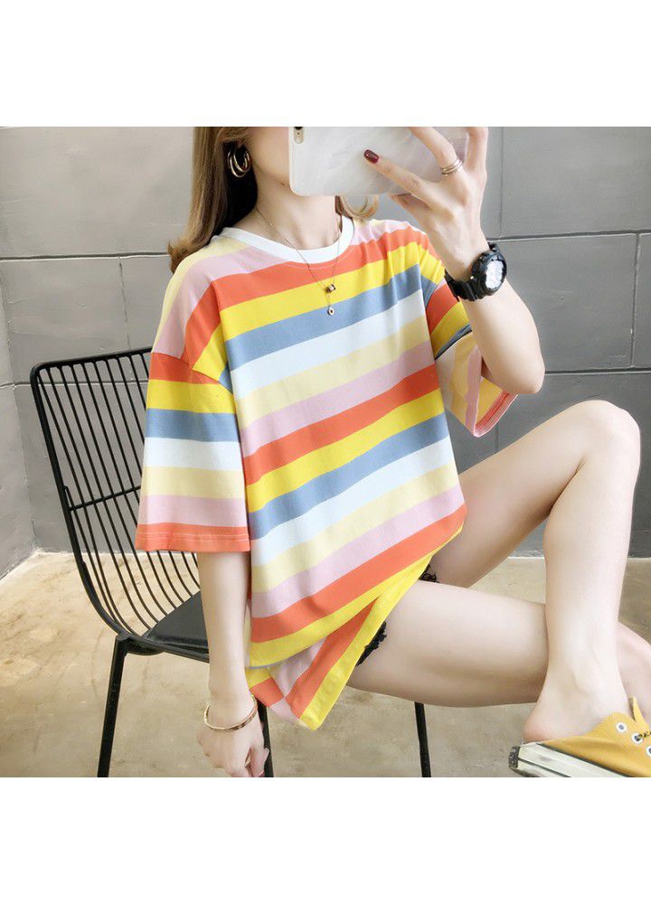 Rainbow Stripe net red short sleeve T-shirt women's summer loose large size lower garment