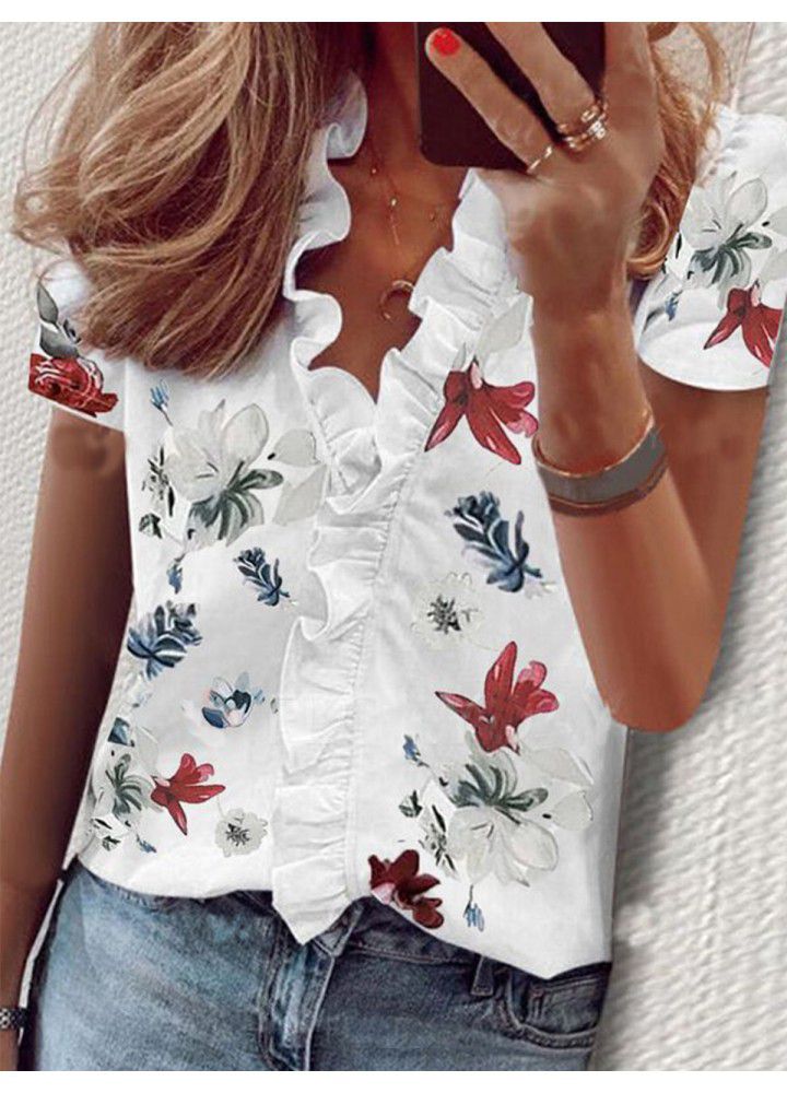 2020 summer new Amazon eBay express Europe and America flower printing Ruffle short sleeve shirt women's wear