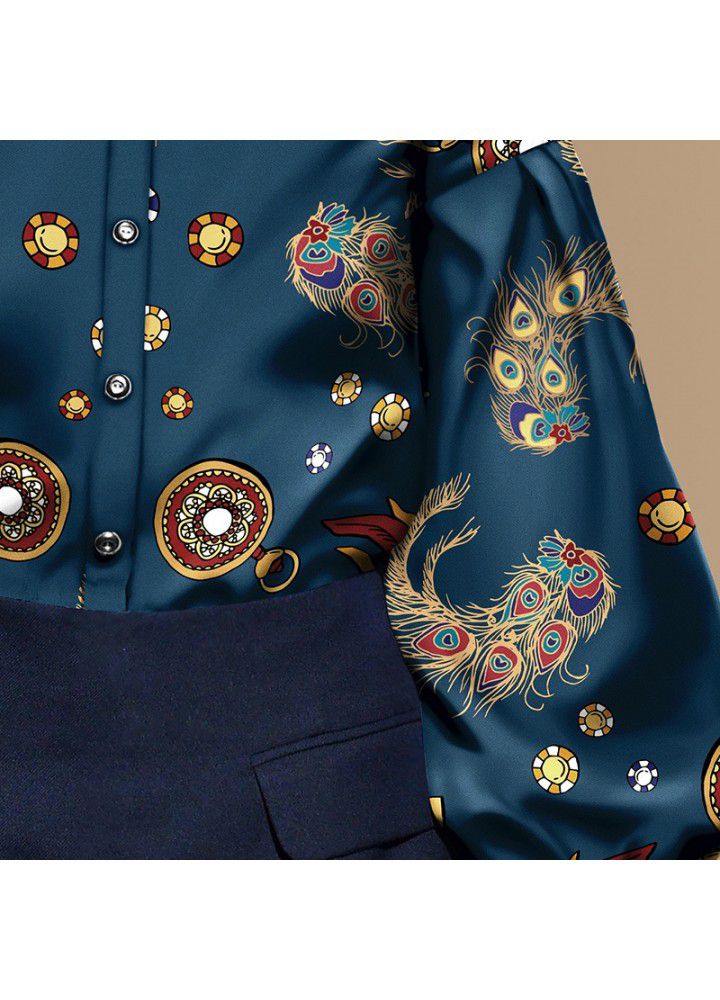 European and American spring fashion 2021 new women's Retro Lantern Sleeve Shirt women's design temperament print top fashion