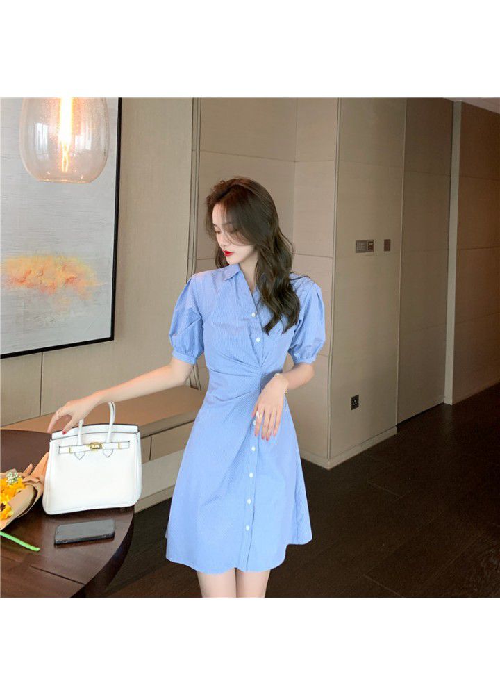 Temperament skirt children's summer 2021 new irregular Short Sleeve Chiffon Dress waist stripe shirt skirt