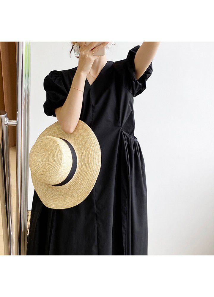 Taochuan solid color big pocket bubble sleeve dress women's summer 2021 new French V-neck loose swing dress 1953