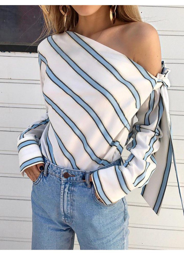 Cross border wish Amazon eBay spring and summer European and American large size shirt fashion diagonal shoulder lace up striped shirt