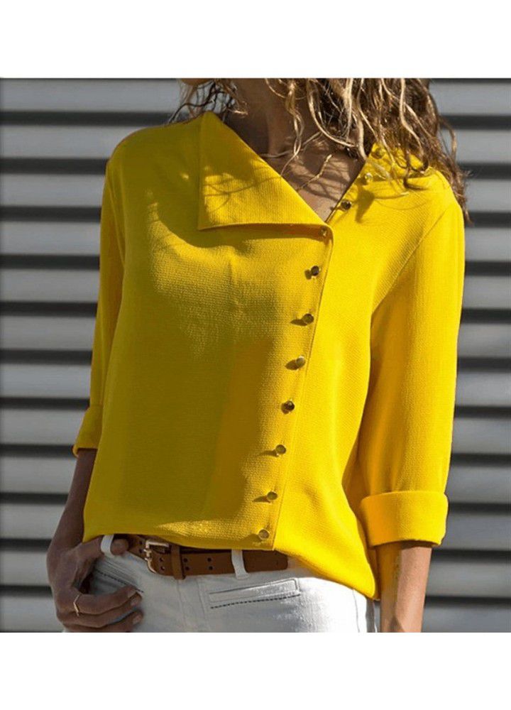 Cross border wish Amazon foreign trade spring and autumn European and American large women's wear slant collar women's shirt fashion long sleeve shirt