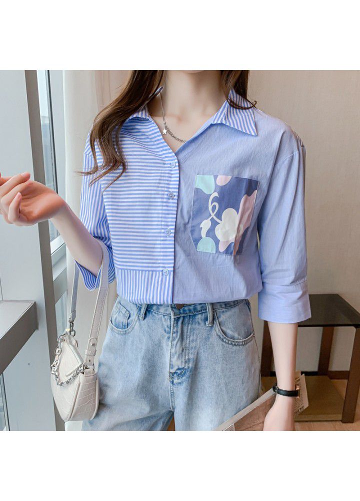 2021 Korean summer new blue and white striped shirt for women
