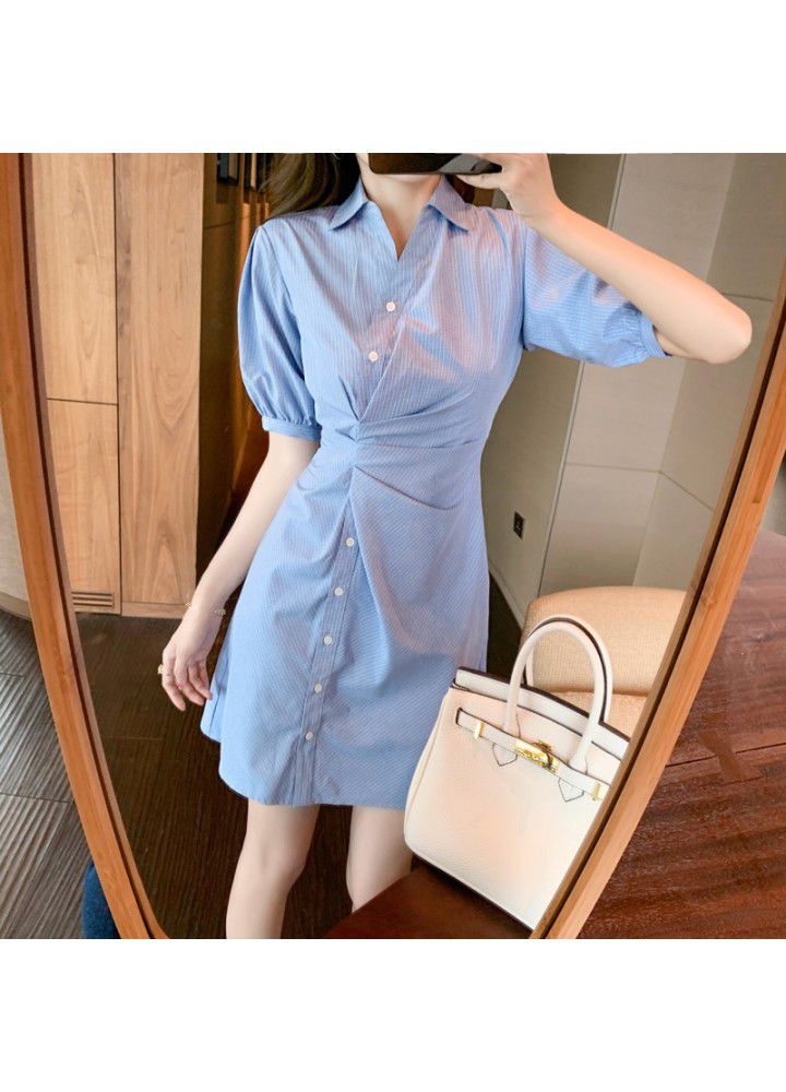 Temperament skirt children's summer 2021 new irregular Short Sleeve Chiffon Dress waist stripe shirt skirt