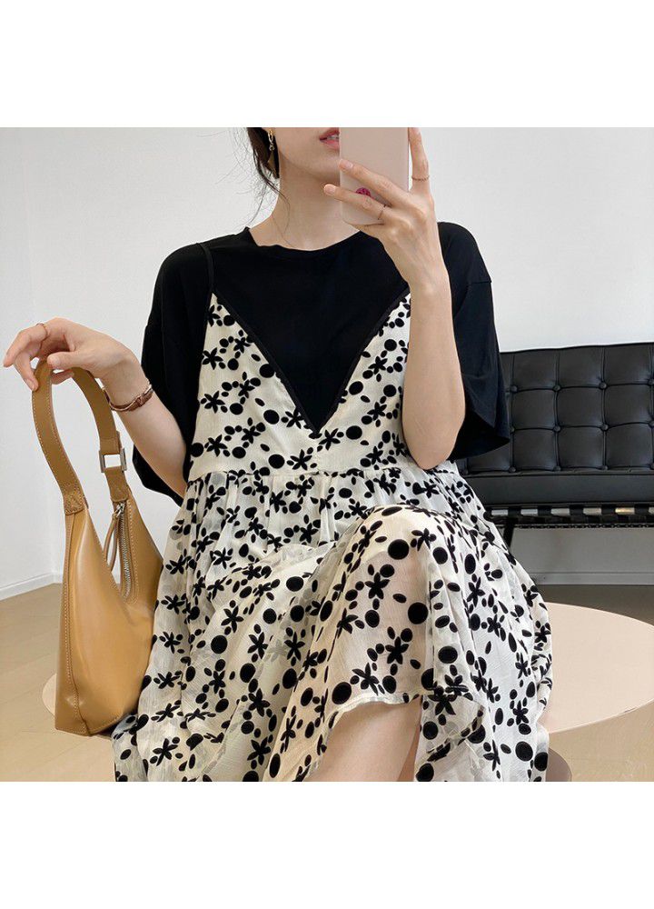 Taochuan flocking floral suspender dress women's 2021 RETRO art loose and thin V-neck Chiffon Dress 3373