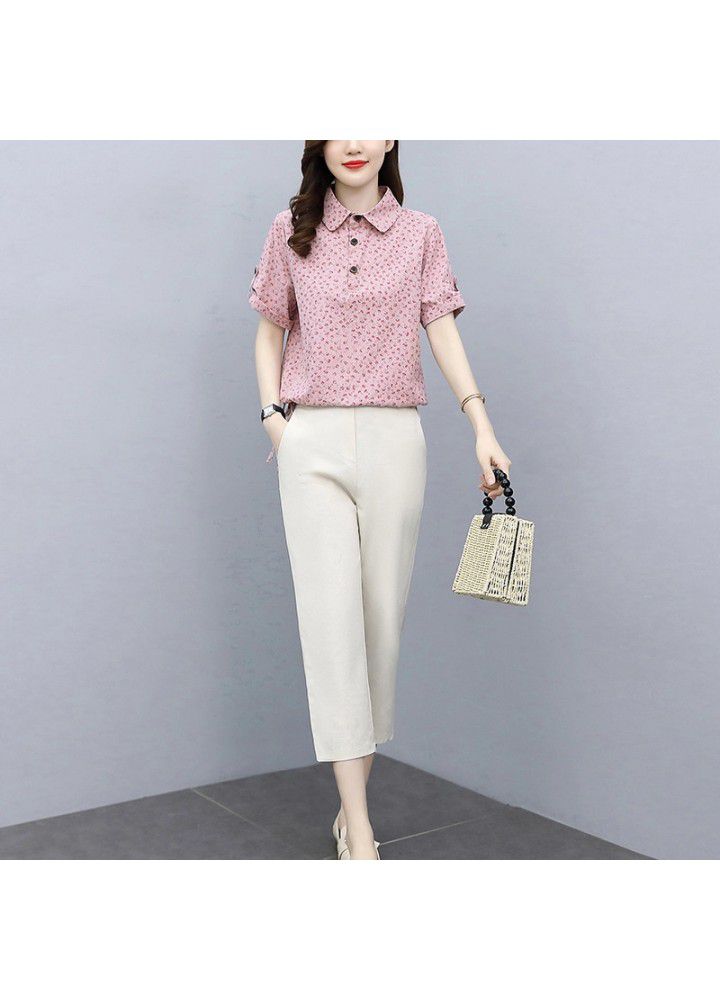 Fashion small floral short sleeve cotton linen suit women's 2021 summer new loose temperament two piece linen wide leg pants