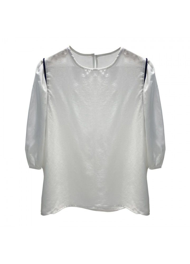 Women's cotton and hemp short sleeve shirt 2021 new Korean style bubble sleeve round neck Tencel hemp small top