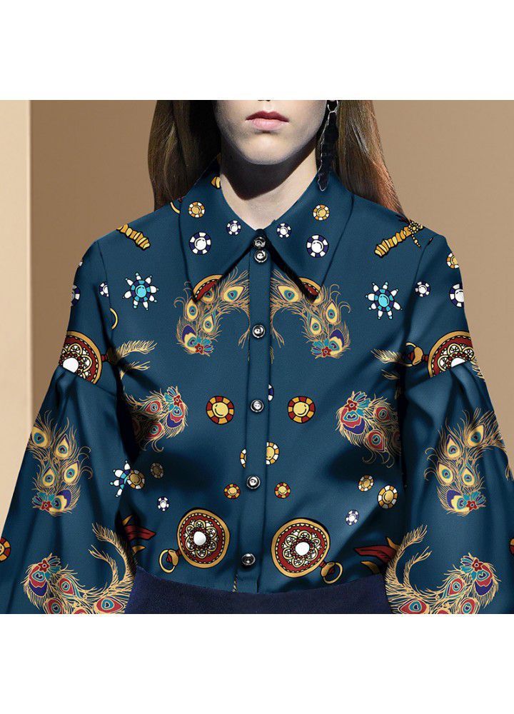 European and American spring fashion 2021 new women's Retro Lantern Sleeve Shirt women's design temperament print top fashion