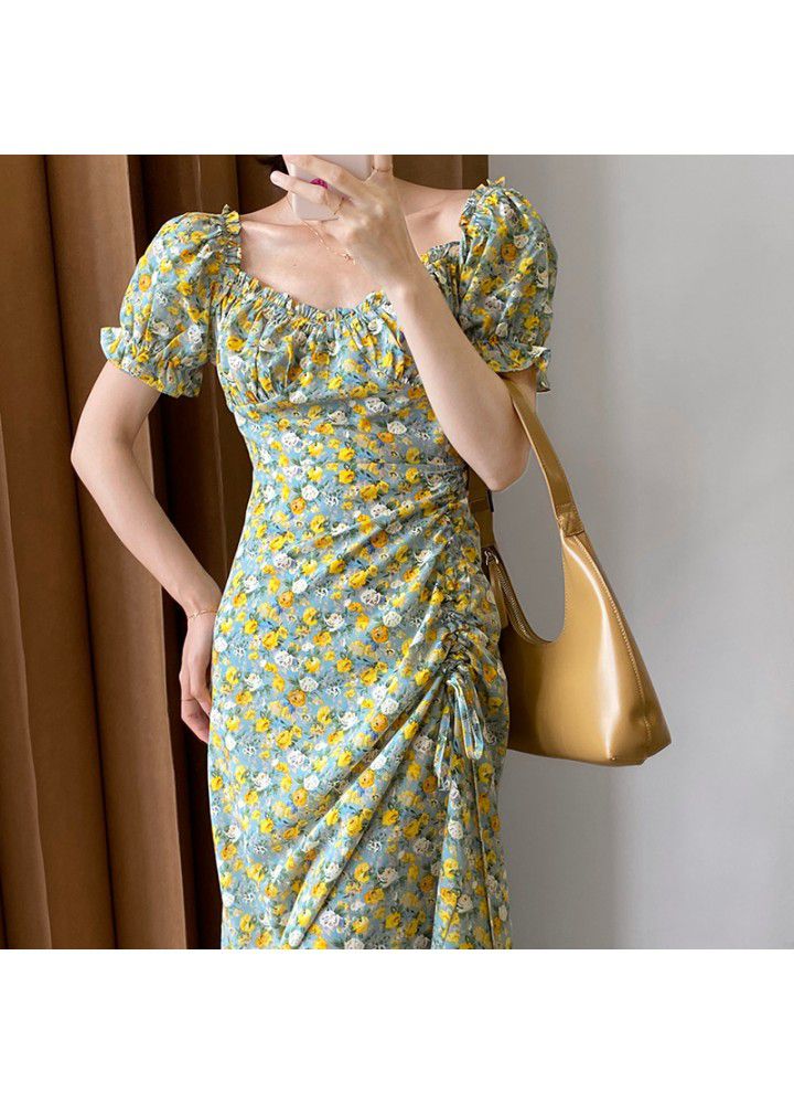 Taochuan square collar oil painting lace dress women's 2021 summer short sleeve French Orange Floral bubble sleeve long skirt 785