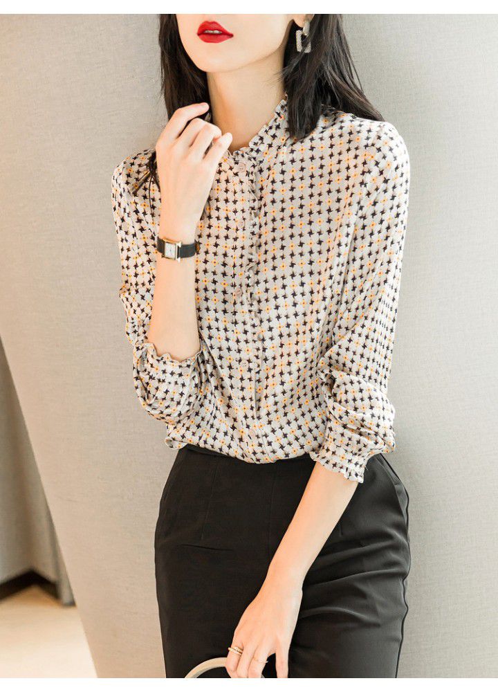 2021 spring new floral French top with auricular collar unique shirt women's silk satin temperament shirt