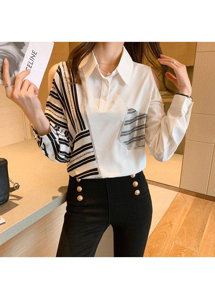 2021 spring new spring and autumn long sleeve design temperament top white shirt off shoulder stitching striped shirt female
