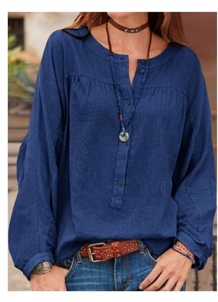 2021 Amazon wish spring button solid long sleeve loose casual 7-color 8-size shirt