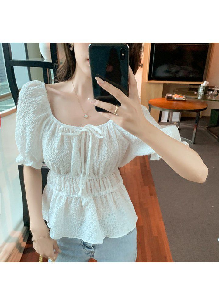 Real shot 2021 summer new Korean versatile Square Neck Lace Up bubble cloth waist down short sleeve shirt blouse