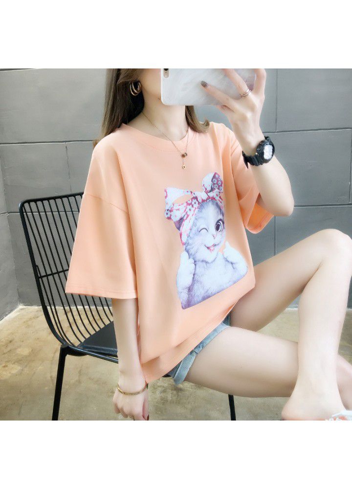 2021 summer Korean new round neck cartoon kitten short sleeve T-shirt women's net red fashion versatile half sleeve clothes