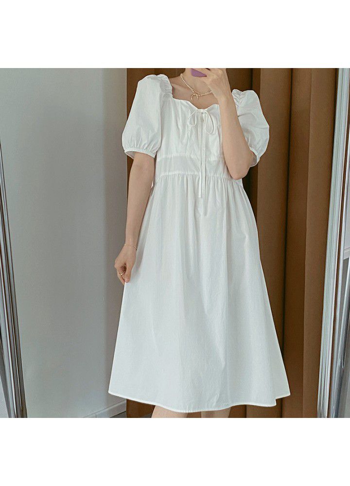 Taochuan lovely girl ~ 2021 summer Pure Color Bubble Sleeve loose water washed cotton dress looks slim 8182